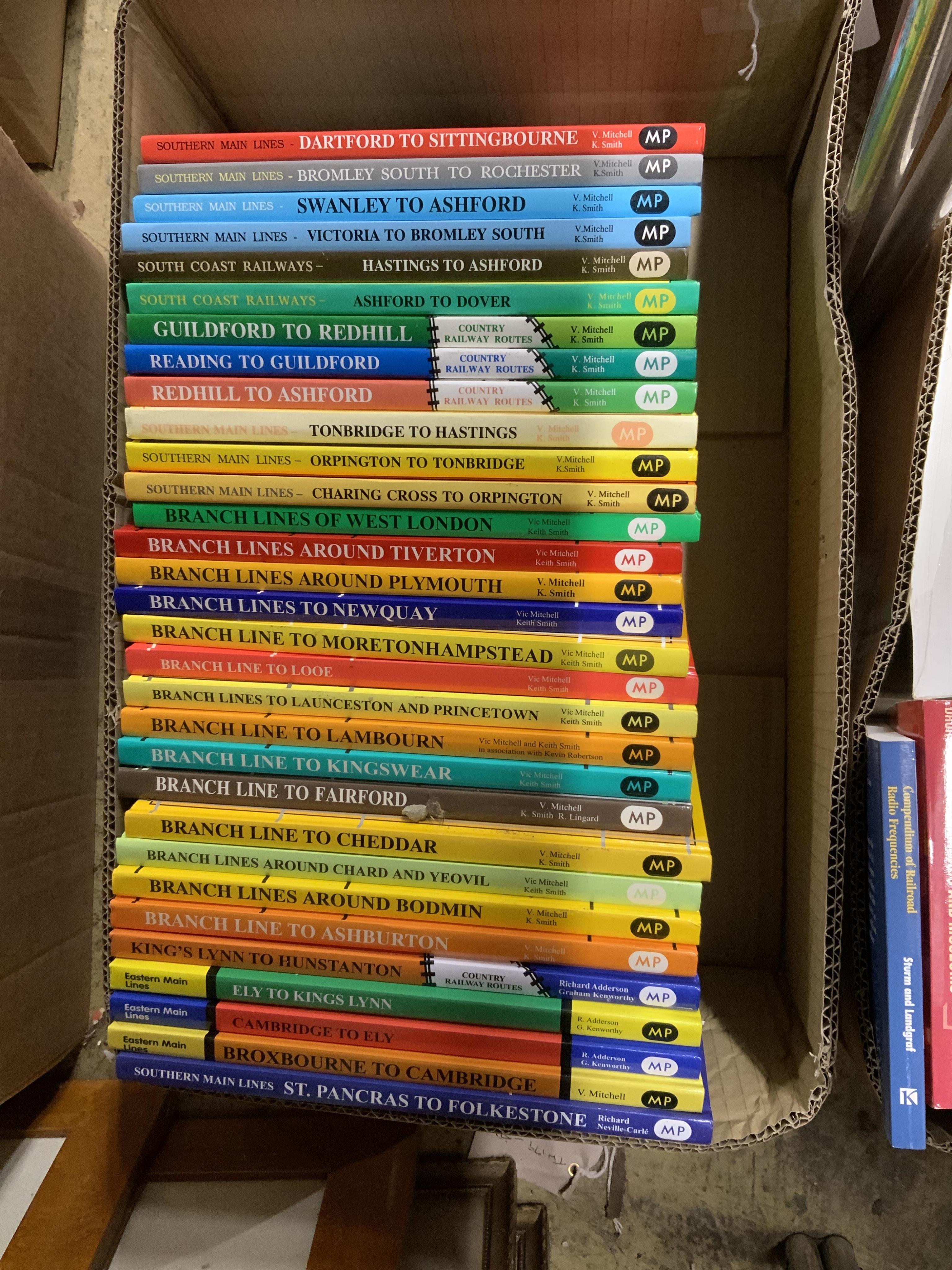 Eight boxes of railway related books, subjects include; Southern Railway, Garrett rolling stock, European railways, stationary engines, Indian Railways, American Railways, publishers include Middleton Press, David & Char